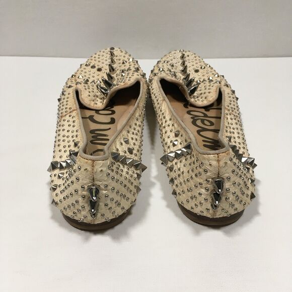 Sam Edelman Addy Spiked Studded Snake Embossed Leather Flats 9.5 Cream/Silver - Picture 3 of 12